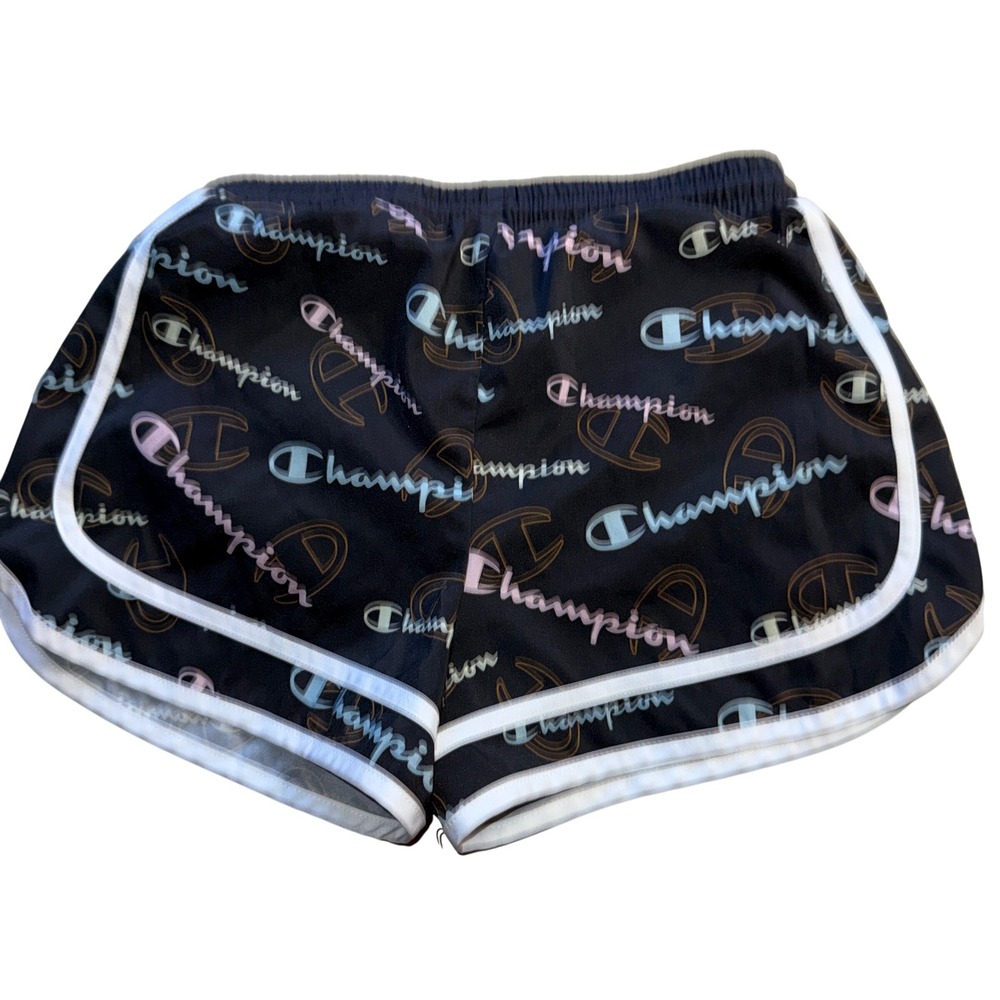 Champion Shorts 10/12 Black Logo Print Dolphin Hem Drawstring Athletic Girls
